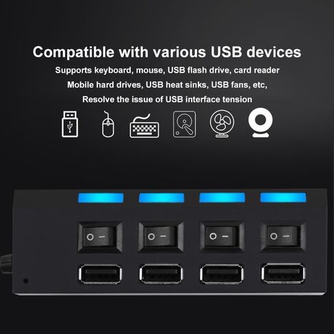 4 Port USB 2.0 Hub with Individual LED Switches, Included USB Cable for Hard Drive Keyboard Phone Home Office Laptop Desktop Workstation Use, Black in Saudi Arabia