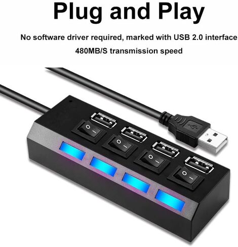 4 Port USB 2.0 Hub with Individual LED Switches, Included USB Cable for Hard Drive Keyboard Phone Home Office Laptop Desktop Workstation Use, Black in Saudi Arabia