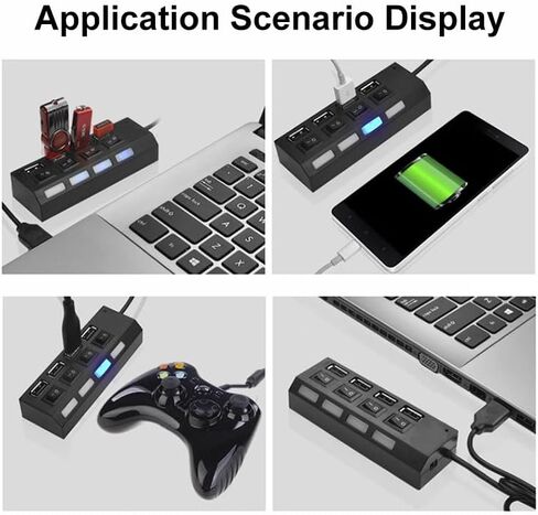 4 Port USB 2.0 Hub with Individual LED Switches, Included USB Cable for Hard Drive Keyboard Phone Home Office Laptop Desktop Workstation Use, Black in Saudi Arabia
