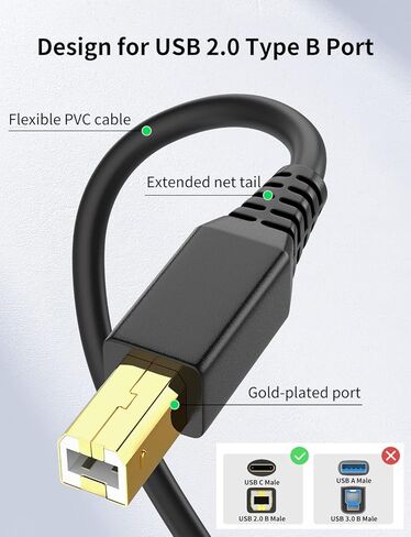 6FT Printer Cable to USB 2.0, High Speed USB A to USB B Cable HP Scanner/Printer Cord for Canon, Brother, Samsung, Dell, Epson, Lexmark, Xerox, and More(Black) in Saudi Arabia