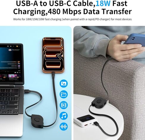 كابل USB A إلى USB C Carplay بطول 3 أقدام لجهاز Moto G Play 2026، شاحن سيارة 18 وات 15 وات شحن سريع سلك قابل للسحب من النوع C لجهاز Galaxy Tab A9+، Galaxy Z Flip 3، Pixel 7a Tablet Android Auto، 3 أقدام in Kuwait