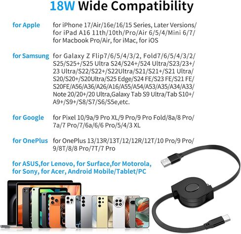 كابل USB A إلى USB C Carplay بطول 3 أقدام لجهاز Moto G Play 2026، شاحن سيارة 18 وات 15 وات شحن سريع سلك قابل للسحب من النوع C لجهاز Galaxy Tab A9+، Galaxy Z Flip 3، Pixel 7a Tablet Android Auto، 3 أقدام in Kuwait