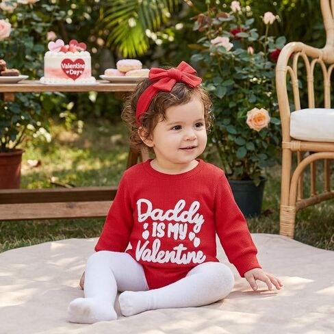 مجموعة عصابة رأس لملابس عيد الحب للفتيات الصغيرات Daddy Is My Valentine، سويت شيرت بفقاعات رومبير وأكمام طويلة in Kuwait