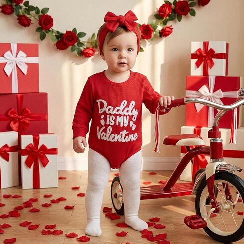 مجموعة عصابة رأس لملابس عيد الحب للفتيات الصغيرات Daddy Is My Valentine، سويت شيرت بفقاعات رومبير وأكمام طويلة in Kuwait