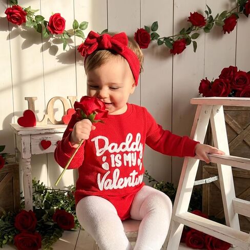 مجموعة عصابة رأس لملابس عيد الحب للفتيات الصغيرات Daddy Is My Valentine، سويت شيرت بفقاعات رومبير وأكمام طويلة in Kuwait