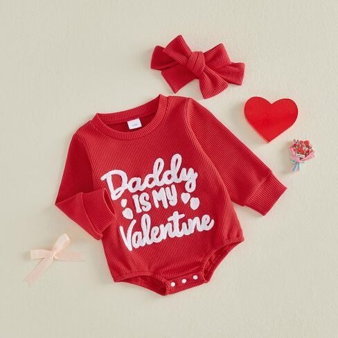 مجموعة عصابة رأس لملابس عيد الحب للفتيات الصغيرات Daddy Is My Valentine، سويت شيرت بفقاعات رومبير وأكمام طويلة in Kuwait