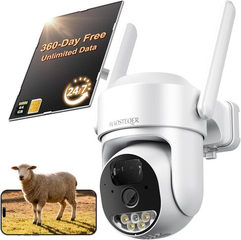 كاميرات مراقبة خلوية 4G LTE بدون اشتراك، لاسلكية في الهواء الطلق، تسجيل AOV 24/7، كاميرات مراقبة خلوية تعمل بالطاقة الشمسية، بدون كاميرا أمان WiFi مع بطاقة SIM (بيانات مجانية لمدة 360 يومًا)، عرض 360 درجة in Kuwait