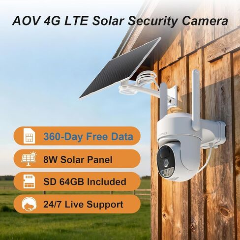 كاميرات مراقبة خلوية 4G LTE بدون اشتراك، لاسلكية في الهواء الطلق، تسجيل AOV 24/7، كاميرات مراقبة خلوية تعمل بالطاقة الشمسية، بدون كاميرا أمان WiFi مع بطاقة SIM (بيانات مجانية لمدة 360 يومًا)، عرض 360 درجة in Kuwait