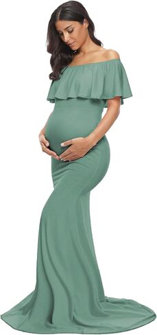 Glampunch Off Shoulder Maternity Dress for Photoshoot，Baby Shower Dress | soft, stretchy fabric,ruffles,elegant slim gowns,fit maxi photography dress,flowy maxi length in Saudi Arabia