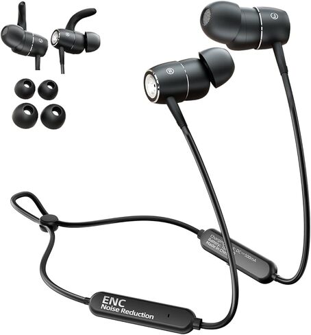 سماعات أذن بشريط حول الرقبة - خاصية إلغاء الضوضاء ENC، سماعات رأس بلوتوث لاسلكية مغناطيسية داخل الأذن مع تعزيز صوت مكالمات الميكروفون، مقاومة للماء IPX4، 20 ساعة (لا يتضمن كابل شحن USB-C) in Kuwait