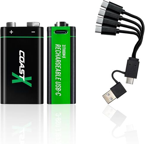 بطاريات Coast ZX 9V USB-C القابلة لإعادة الشحن، ZITHION-X، ليثيوم أيون 1.5 فولت 560 مللي أمبير، تدوم طويلاً، يتم شحنها لمدة أقل من 3 ساعات، كابل شحن متضمن، عبوتان in Kuwait