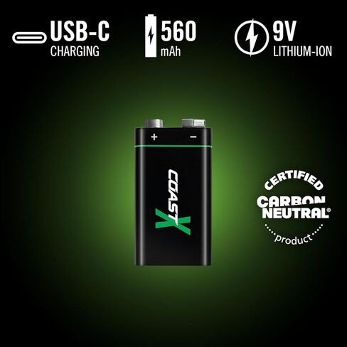 بطاريات Coast ZX 9V USB-C القابلة لإعادة الشحن، ZITHION-X، ليثيوم أيون 1.5 فولت 560 مللي أمبير، تدوم طويلاً، يتم شحنها لمدة أقل من 3 ساعات، كابل شحن متضمن، عبوتان in Kuwait