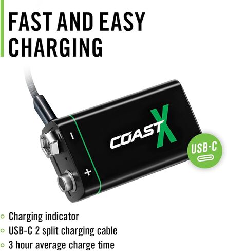 بطاريات Coast ZX 9V USB-C القابلة لإعادة الشحن، ZITHION-X، ليثيوم أيون 1.5 فولت 560 مللي أمبير، تدوم طويلاً، يتم شحنها لمدة أقل من 3 ساعات، كابل شحن متضمن، عبوتان in Kuwait