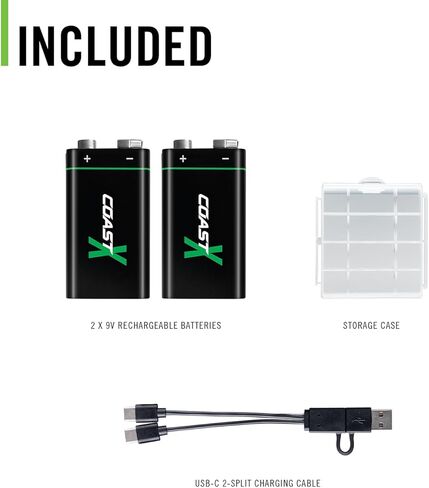 بطاريات Coast ZX 9V USB-C القابلة لإعادة الشحن، ZITHION-X، ليثيوم أيون 1.5 فولت 560 مللي أمبير، تدوم طويلاً، يتم شحنها لمدة أقل من 3 ساعات، كابل شحن متضمن، عبوتان in Kuwait