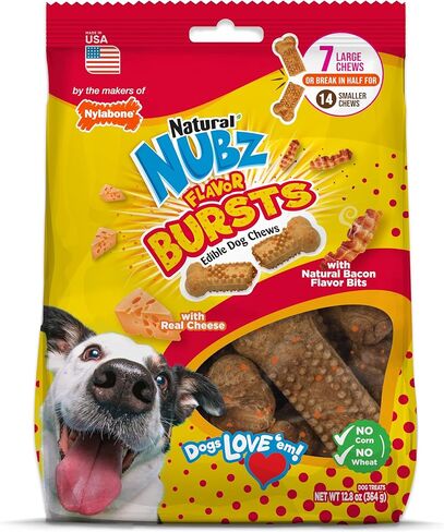 Nylabone Nubz Flavor Bursts Natural Edible Chew Bones for Dogs, Healthy Long Lasting Chews Made in The USA, Grain-Free Dog Treats for Large Dogs, Bacon & Cheese Flavor (20 Count) in Saudi Arabia