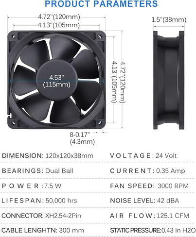 GDSTIME Dual Ball Bearings 1238 Cooling Fan, 120mm x 38mm 24V DC 125CFM Brushless Cooler Fan in Saudi Arabia