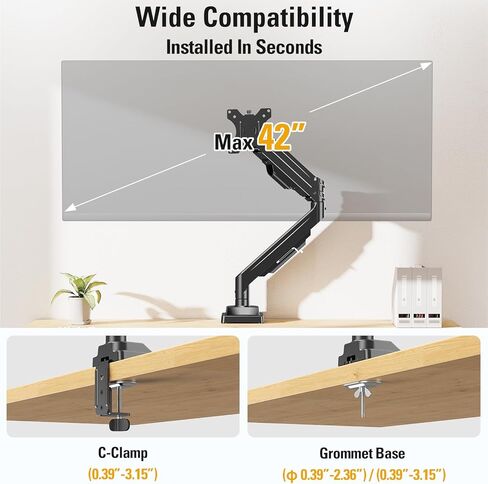 Heavy Duty Single Monitor Arm for 13-42" Ultrawide Screen, Adjustable Monitor Mount with Tilt Rotation Swivel, Gas Spring Desk Mount Bracket with Clamp/Grommet, Holds 33lbs, Max VESA 100x100 in Saudi Arabia