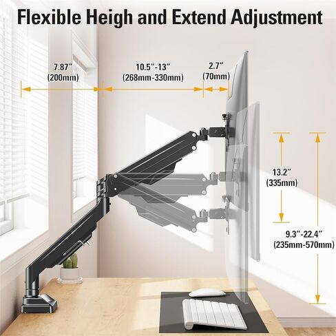 Heavy Duty Single Monitor Arm for 13-42" Ultrawide Screen, Adjustable Monitor Mount with Tilt Rotation Swivel, Gas Spring Desk Mount Bracket with Clamp/Grommet, Holds 33lbs, Max VESA 100x100 in Saudi Arabia