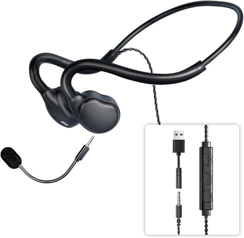 Open Ear Headphones with Microphone Detachable, Crystal Cable, 3.5mm + USB Wired Audio Control- Black in Saudi Arabia
