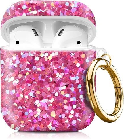 متوافق مع AirPods الجيل الثاني الأول، حافظة صلبة لطيفة مع سلسلة مفاتيح ذهبية، حافظة واقية ناعمة من مادة TPU للفتيات والنساء (شريط وردي لطيف) in Kuwait