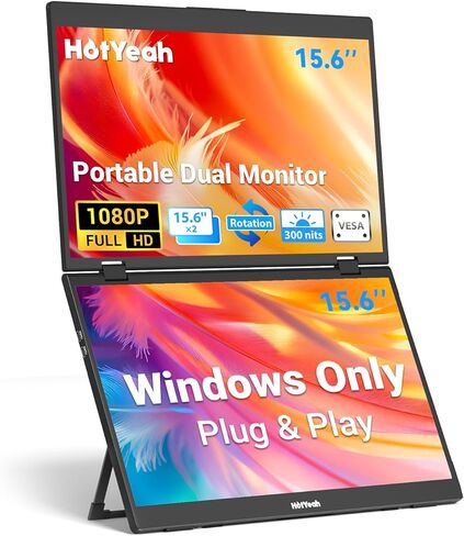 موسع شاشة كمبيوتر محمول ثلاثي من HotYeah، شاشة مزدوجة محمولة قابلة للطي مقاس 15.6 بوصة 1080 بكسل FHD IPS، شاشة كمبيوتر ممتدة للسفر USB-C مع VESA، دوران 180 درجة، التوصيل والتشغيل (Windows فقط) in Kuwait