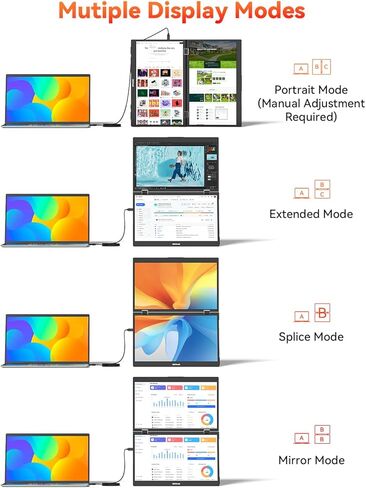 موسع شاشة كمبيوتر محمول ثلاثي من HotYeah، شاشة مزدوجة محمولة قابلة للطي مقاس 15.6 بوصة 1080 بكسل FHD IPS، شاشة كمبيوتر ممتدة للسفر USB-C مع VESA، دوران 180 درجة، التوصيل والتشغيل (Windows فقط) in Kuwait