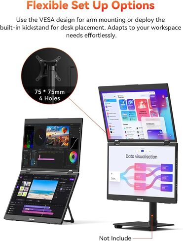 موسع شاشة كمبيوتر محمول ثلاثي من HotYeah، شاشة مزدوجة محمولة قابلة للطي مقاس 15.6 بوصة 1080 بكسل FHD IPS، شاشة كمبيوتر ممتدة للسفر USB-C مع VESA، دوران 180 درجة، التوصيل والتشغيل (Windows فقط) in Kuwait