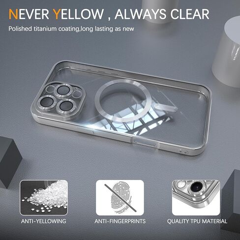 Magnetic Clear Case for iPhone 11 Pro Max with Full Camera Lens Protection,Compatible with MagSafe,Plating Soft TPU Phone Case,Anti-Scratch Shockproof Slim Cover for Women Gilrs Men - Sliver in Kuwait