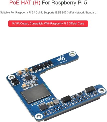 Waveshare PoE HAT (H) مع حافظة لـ Raspberry Pi 5 / CM 5، لوحة توسيع الطاقة عبر إيثرنت (H)، 802.3af/at معيار الشبكة، مزود طاقة معزول بوضع التبديل، مخرج 5 فولت 5 أمبير in Kuwait