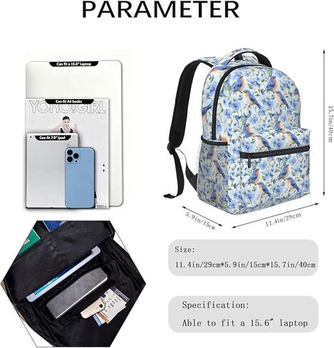 Bluebird Floral Casual Backpack, Lightweight Laptop Bag Daypack, Bird and Flower Backpacks for Women Girls Teens Students, Watercolor Nature Polyester Bookbag Gifts for School Work Travel Hiking in Saudi Arabia