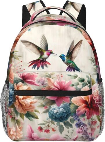 Floral Hummingbird Casual Backpack, Lightweight Laptop Bag Daypack, Colorful Bird Flower Backpacks for Women Men Teens Students, Vintage Polyester Bookbag Gifts for School Work Travel Hiking in Kuwait
