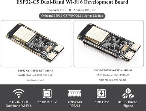 لوحة تطوير ESP32-C5 Wi-Fi 6 ثنائية النطاق، معالج RISC-V بسرعة 240 ميجاهرتز، وحدة سلسلة ESP32-C5-WROOM-1 على اللوحة، RISC-V MCU متعدد البروتوكولات، فلاش 16 ميجابايت وذاكرة وصول عشوائي PS-RAM بسعة 8 ميجابايت in Saudi Arabia