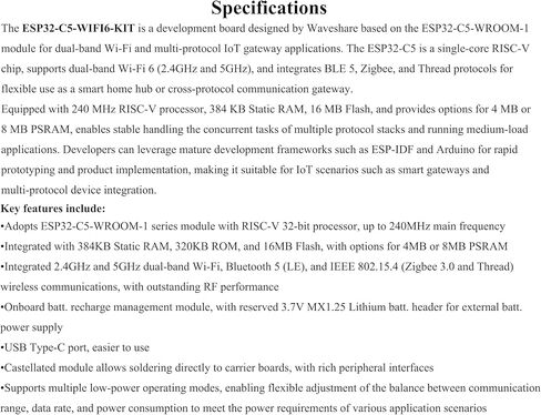 لوحة تطوير ESP32-C5 Wi-Fi 6 ثنائية النطاق، معالج RISC-V بسرعة 240 ميجاهرتز، وحدة سلسلة ESP32-C5-WROOM-1 على اللوحة، RISC-V MCU متعدد البروتوكولات، فلاش 16 ميجابايت وذاكرة وصول عشوائي PS-RAM بسعة 8 ميجابايت in Saudi Arabia