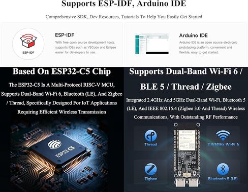 لوحة تطوير ESP32-C5 Wi-Fi 6 ثنائية النطاق، معالج RISC-V بسرعة 240 ميجاهرتز، وحدة سلسلة ESP32-C5-WROOM-1 على اللوحة، RISC-V MCU متعدد البروتوكولات، فلاش 16 ميجابايت وذاكرة وصول عشوائي PS-RAM بسعة 8 ميجابايت in Saudi Arabia