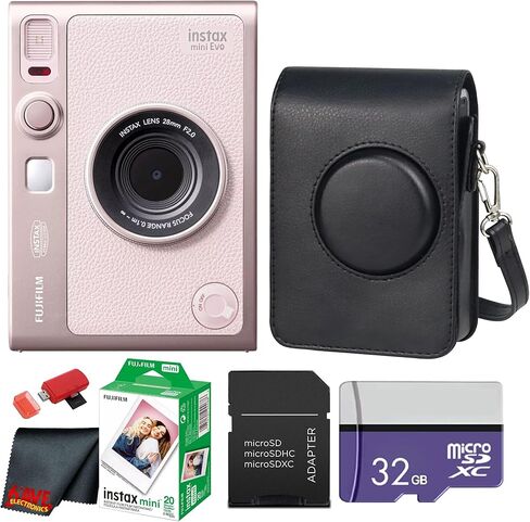 Fujifilm Instax Mini EVO Hybrid Instant Camera (Pink) Bundle with Instax-Mini Twin Pack Instant-Film 40 Sheets + 32GB Memory Card + Vintage Black Mini-Evo Camera Case + Cleaning Cloth in Saudi Arabia