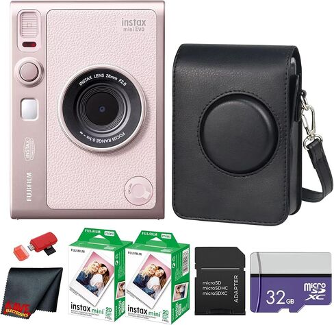 Fujifilm Instax Mini EVO Hybrid Instant Camera (Pink) Bundle with Instax-Mini Twin Pack Instant-Film 40 Sheets + 32GB Memory Card + Vintage Black Mini-Evo Camera Case + Cleaning Cloth in Saudi Arabia