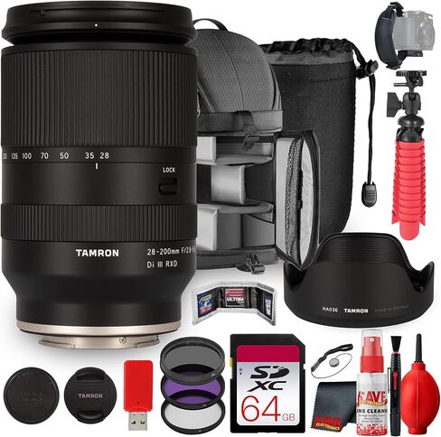 Tamron 28-200mm f/2.8-5.6 RXD Mirrorless Zoom Lens Full-Frame for Sony E-Mount Compact All-in-One Travel Photography Bundle + 64GB Memory Card + Filter Kit + Backpack + Lens Pouch + Flexible Tripod + in Saudi Arabia