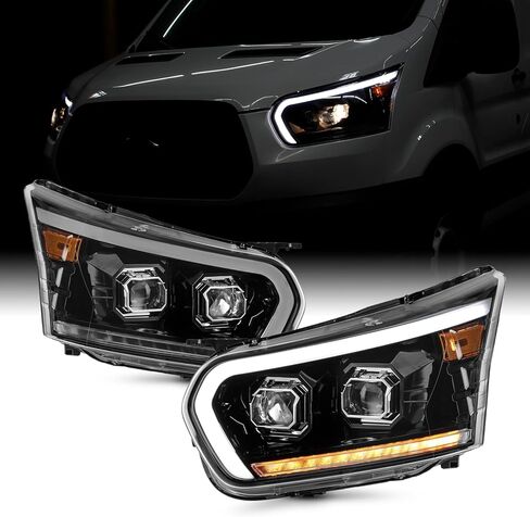 AKKON - Fit 2015-2023 Ford Transit 150 250 350HD جهاز عرض كروم المصابيح الأمامية زوج السائق + الركاب مع إشارة أنبوب LED DRL in Saudi Arabia