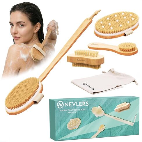 Nevlers Natural Boar Body Brush Set with Detachable Cellulite Brush, Long Wooden Handle for Dry Brushing and Face Brush | Perfect Kit to Exfoliate and Alleviate in Saudi Arabia