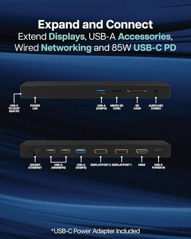 VT2500 USB-C MST 3X شاشة كمبيوتر محمول - 85 وات من الطاقة، 2X DispayPort، 1x HDMI، 4X منافذ USB، صوت، إيثرنت، قارئ SD لنظام التشغيل Windows in Kuwait