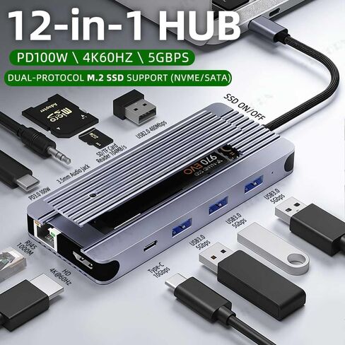 محطة إرساء محور USB-C 12 في 1 مع حاوية M.2 NVMe SATA SSD PD100W TypeC إلى HDMI 4K60 هرتز USB3.0 لأجهزة الكمبيوتر المحمول MacBook Air/Pro in Kuwait