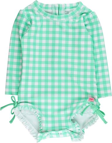 RuffleButts Baby Girls UPF 50+ Sun Protection Gingham Printed Long Sleeve One Piece Rash Guard Swimsuit with Zipper in Saudi Arabia