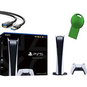 وحدة تحكم الألعاب Sony PS5 PlayStation 5 الإصدار الرقمي + 1 وحدة تحكم لاسلكية - ذاكرة GDDR6 سعة 16 جيجابايت، وحدة تخزين SSD سعة 825 جيجابايت، واي فاي 6، بلوتوث 5.1 - محرك فلاش USB أخضر سعة 32 جيجابايت من iPuzzle + كابل تمديد USB in Kuwait