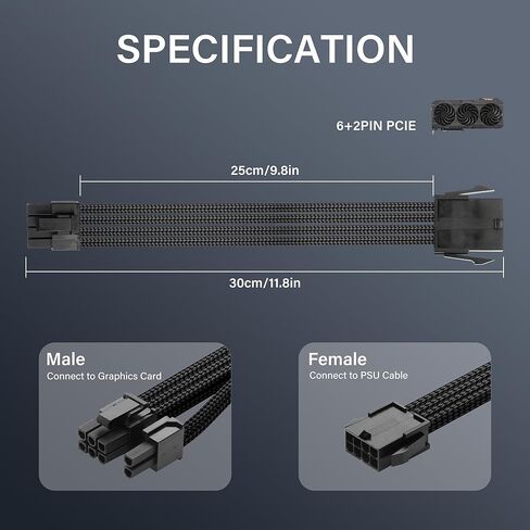 2PCS ATX 8PIN Famale to ATX 8PIN(6+2) Male Black Extension Cable Adaptor for PC Build High-End GPU Cable Layout - 30cm/11.8 in. (Black) in Saudi Arabia