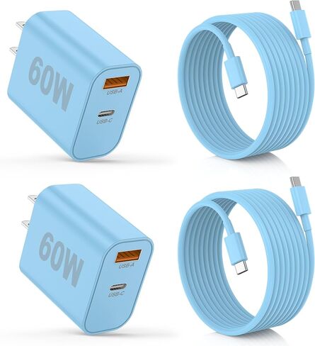 شاحن iPhone 17/17 Pro/17 Pro Max، شاحن حائط USB-C مزدوج المنفذ 60 وات مع شحن سريع PD 40W وQC 20W، كابل USB-C بطول 6 أقدام لهاتف iPhone 17/16/15، iPad Pro، MacBook M1/M2/M3، Android، برتقالي in Kuwait