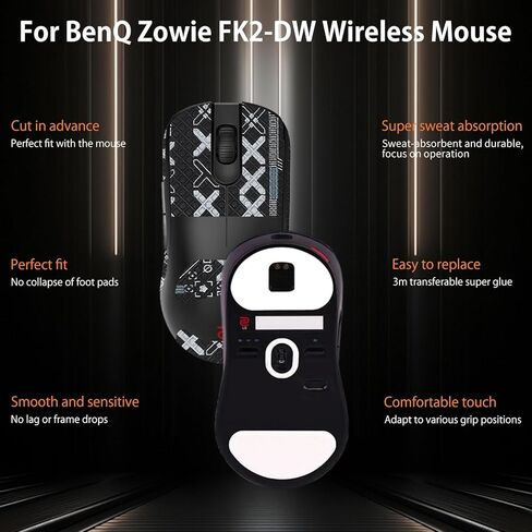 شريط قبضة الماوس تغطية كاملة لـ BenQ Zowie FK2-DW، مجموعة ترقية الفئران الاحترافية ذاتية اللصق ومقاومة للعرق، زلاجات أقدام الماوس (وسادة قدم + شريط قبضة ماوس أسود) in Saudi Arabia