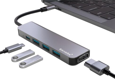 Sahara - محول موزع USB-C 5 في 1، موزع متعدد المنافذ من الألومنيوم الأنيق مع HDMI وUSB 3.0 وشحن USB-C PD - متوافق مع أجهزة الكمبيوتر الشخصية وأجهزة MAC، (LT00072) in Kuwait