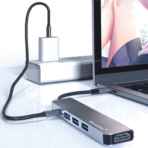 Sahara - محول موزع USB-C 5 في 1، موزع متعدد المنافذ من الألومنيوم الأنيق مع HDMI وUSB 3.0 وشحن USB-C PD - متوافق مع أجهزة الكمبيوتر الشخصية وأجهزة MAC، (LT00072) in Kuwait