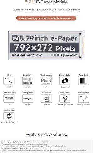 5.79inch E-Paper E-Ink Display Module Compatible with Raspberry Pi 5 Series, Resolution 792x272, Black/White, SPI Interface @XYGStudy (5.79inch e-Paper Module) in Saudi Arabia
