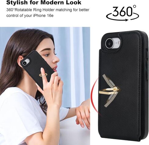 حافظة Folosu متوافقة مع محفظة iPhone 16e مع حامل بطاقة، حامل حلقة إصبع يدور 360 درجة، غطاء واقي من الجلد بأزرار مزدوجة مقاوم للصدمات 6.1 بوصة أسود in Kuwait